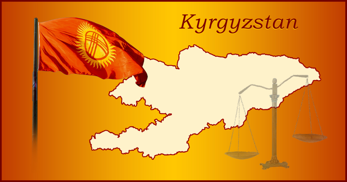 Outline map of Kyrgyzstan, the country's flag, and a faded view of scales.
